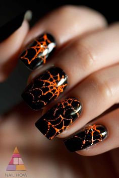 Black and orange spiderweb nails that scream Halloween! Perfect for adding a creepy-cool touch to your look. Find more designs at nailhow.com and save this pin for later! 🕸️🖤🧡 #HalloweenNailDesigns Halloween Nails With Orange, Spooky Nails Ideas, Black Spiderweb Nails, Halloween Gel Nails Ideas, Orange And Black Halloween Nails, Black And Orange Halloween Nails, Black And Orange Nails, Orange And Black Nails, Spiderweb Nails