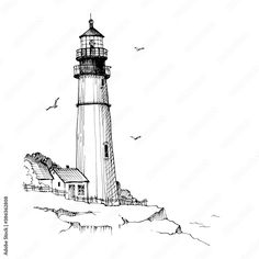 a black and white drawing of a lighthouse