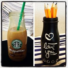 starbucks coffee drink with i love you written on the side and in a mason jar