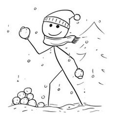 a drawing of a person wearing a hat and scarf throwing snowballs in the air