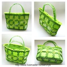 four pictures of green purses with flowers on the inside and in different stages of being hand - sewn