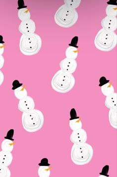 a pink background with snowmen wearing hats