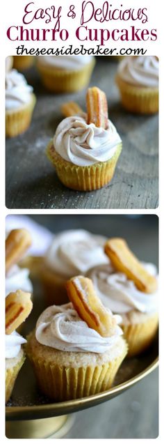 cupcakes with white frosting and cinnamon sticks on top are sitting on a plate