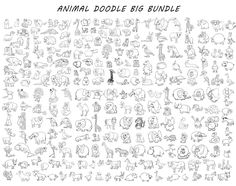 an animal doodle big bundle is shown in black and white with the words, animals