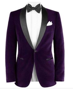 a purple tuxedo jacket with black lapel and white shirt on the back