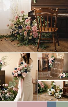 a collage of photos with flowers and greenery on the floor next to a piano