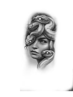 a woman's face with snakes on her head and the image is in black and white