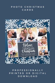 a christmas card with snowflakes on it and the words, photo christmas cards professionally printed or digital