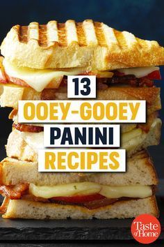 three grilled sandwiches stacked on top of each other with the words 13 ooey - gooey panini recipes