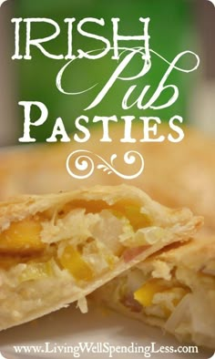 a close up of food on a plate with the words irish pub pasties