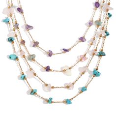 This quirky and playful bohemian style necklace features stunning gemstone beads. Collect and layer them for a unique and stylish look. Embrace your inner boho chic with this one-of-a-kind piece! DETAILS & SIZE Finish: 18K gold plate Material: Stainless Steel, Amethyst, Faux Turquoise, Faux Pearls, Quartz Measurements: Beads: approx. 6mm; Chain: 16" + 2" extension Lobster Claw clasp Waterproof, tarnish-resistant, and nickel free Shop Necklaces for more options to layer with this! Bohemian Double Strand Beaded Necklaces With Gemstones, Bohemian Double Strand Gemstone Beaded Necklaces, Bohemian Double Strand Gemstone Beaded Necklace, Bohemian Gemstone Beaded Necklaces For Beach, Bohemian Double Strand Crystal Necklaces With Gemstone Beads, Bohemian Multi-strand Crystal Necklace With Gemstone Beads, Bohemian Double Strand Layered Necklace With Colorful Beads, Bohemian Adjustable Double Strand Crystal Necklaces, Bohemian Gold Layered Necklace With Round Beads