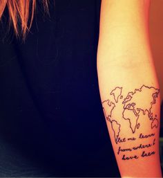 a woman with a tattoo on her arm that says, let's no known where we are