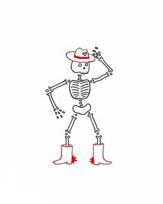 a drawing of a skeleton wearing boots and a cowboy hat with one hand on his hip