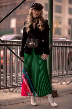 nyfw look 3 - pops of color with milly | Pleated maxi skirt outfit | prada belt bag outfit fall | white ankle boots outfit fall | leather baker boy hat outfit | nyfw outfit fall | nyc street style fall | colorful pleated skirt outfit fall | nyc fashion bl Belt Bag Outfit Fall, Pleated Skirt Outfit Fall, White Ankle Boots Outfit, Baker Boy Hat Outfit, Pleated Maxi Skirt Outfit, Ankle Boots Outfit Fall, Boots Outfit Fall, Prada Belt Bag, Nyc Street Style Fall