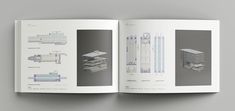 an open book showing architectural drawings and diagrams