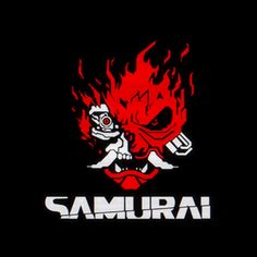 the logo for samurai is shown in red and black with flames coming out of it