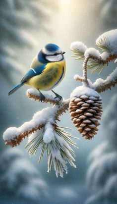 a blue bird perched on top of a pine cone covered tree branch in the snow