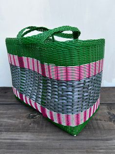 LARGE BASKET: This a very traditional market basket used in Guatemala to do market purchases. It is woven plastic which makes it very resistant. This bag can hold easily 20 pounds and used on a daily basis, it can last 10-20 years without doubt, probably even a LIFETIME. It is a very resistant product. They are handmade carefully by a Guatemalan artisan. They are made to last. In Guatemala, it is possible to find a large selection of this baskets on very bright colors. Even exposed to the water, Eco-friendly Green Straw Bag For Market, Eco-friendly Green Straw Market Bag, Handwoven Green Straw Bag For Market, Green Handwoven Straw Bag For Market, Green Handwoven Beach Bag For Market, Green Rectangular Woven Beach Bag, Green Rectangular Straw Bag For Market, Green Bucket Beach Bag For Market, Green Woven Basket Straw Bag