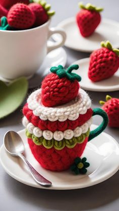 crocheted strawberries are stacked on top of each other in a tea cup