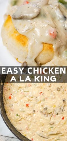 two pictures with different types of food in them and the words easy chicken as a king