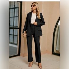 Product Details About This Item Fabric Type 75% Polyester + 20 %Viscose + 5% Elastane Care Instructions Hand Wash Only Origin Imported About This Item Office Outfits For Women, Our Pant Suits For Women Business Are Made Of Lightweight Fabric, Stretchy And Comfortable. A 2 Piece Wide Leg Pants Set For Women Featuring A Blazer With Single Breasted Design, Peak Lapels, Front Flap Pockets, And Long Sleeves. These Suits For Women As Well As A Matching Pair Of Pants With A High Rise Design, Elasticize Women’s Black Business Suit, Black Spring Office Suit, Women’s Pant Suit Outfit Formal, Casual Black Office Suits, Casual Black Suits For Office, Casual Black Suits For Work, Chic Black Suits With Pockets, Chic Black Fall Suits, Chic Black Suits For Fall