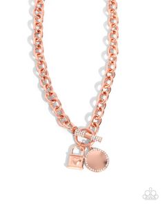 Featuring a border of white rhinestones, a shiny copper disc swings beside a heart-embellished shiny copper lock from thick shiny copper chain links. The chained strand connects through a white rhinestone embellished clasp, completing the display with additional refinement and shimmer. Features a toggle clasp. Sold as one individual necklace. Includes one pair of matching earrings. Vintage Paparazzi, Jewelry Giveaway, Multi Necklace, Coil Bracelet, Chain Links, Paparazzi Accessories, Stretchy Bracelets, Copper Necklace, White Rhinestone