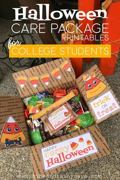 an open box filled with halloween care package printables for college students on the floor