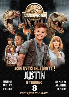 a poster for the movie's birthday party with an image of a boy and dinosaurs