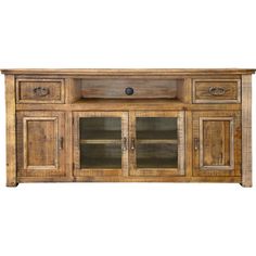 an old wooden entertainment center with glass doors on the front and side panels, against a white background