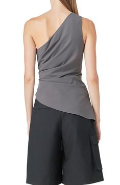 Tucked pleats at the side create a chic asymmetric hem on this drapey top designed in a modern one-shoulder silhouette. Hidden side-zip closure One-shoulder neck Sleeveless Lined 100% polyester Hand wash, dry flat Imported Asymmetrical One Shoulder Elastane Top, Fitted Asymmetrical Gray Top, Fitted Gray Asymmetrical Top, Luxury Elegant One-shoulder Asymmetrical Top, Edgy Black One-shoulder Top With Asymmetrical Neckline, Pleated Top, Pleat Top, Nordstrom Store, Anniversary Sale