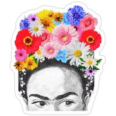 a woman with flowers on her head sticker