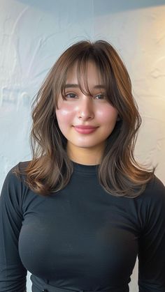 Style Solutions for Thin Hair and Round Faces: 24 Expert-Approved Hairstyles Wispy Medium Length Hair, Haircuts For Soft Features, Round Face With Wispy Bangs, Haircut For Round Face With Bangs, Side Swoop Bangs With Long Hair, Medium Length Haircut Wispy Bangs, Round Face Bangs Medium Hair, Shoulder Length Hair With Layers Round Face, Round Face Wispy Bangs