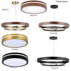 four different types of circular lights hanging from the ceiling, one is black and one is gold