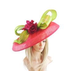 Hats By Cressida Kentucky Derby & Ascot Fascinator Hats Johanika Large Saucer Disc Haitinator Beautiful lime green silk abaca swirly waves with a fuchsia silk rose on a fuchsia saucer disc base. Measures 48cm wide or about 19 inches Mounted with a matching headband. If you prefer a headband to match your hair, please make a note at check out what colour headband you want. We make each hat to order and can add or change colours just email us with what you need. We can also make a custom design fo Red Fitted Fascinator For Garden Party, Red Summer Fascinator For Garden Party, Pink Boater Hat For Spring Party, Red Fascinator For Spring Garden Party, Fitted Red Hat For Garden Party, Pink Spring Party Boater Hat, Fitted Pink Boater Hat For Evening, Elegant Green Fascinator For Kentucky Derby, Fitted Pink Boater Hat For Garden Party