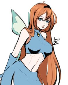 a drawing of a girl with long red hair wearing a blue dress and fairy wings