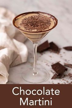 a chocolate martini in a glass with the words chocolate martini on it