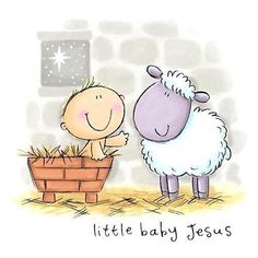 a little baby jesus is standing next to a sheep in a basket with hay on it