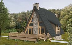 a - frame cabin with porch and stone chimney