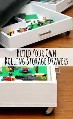 a table with legos in it and the words build your own rolling storage drawers