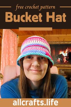 a woman wearing a crochet hat with text overlay that reads, free crochet pattern bucket hat