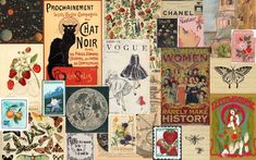 a collage of vintage postcards with cats and other things on them, all in different colors