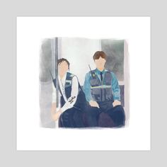 a watercolor painting of two people sitting next to each other in front of a window