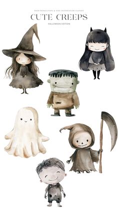 watercolor halloween cliparts with cute creepy kids in costumes and witches on them