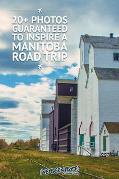 an advertisement for a road trip in the country with a barn and grain silo