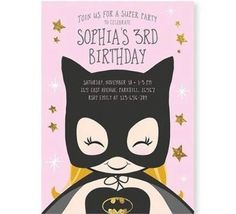 a birthday party card with a cartoon cat wearing a batman mask and holding a bat