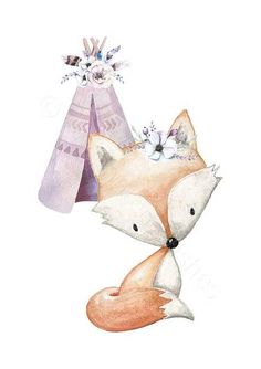 a watercolor painting of a fox with a hat on it's head and flowers in its hair