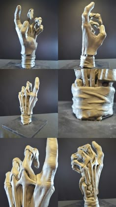 four different views of the hands that are made out of wood and plastic, with various angles