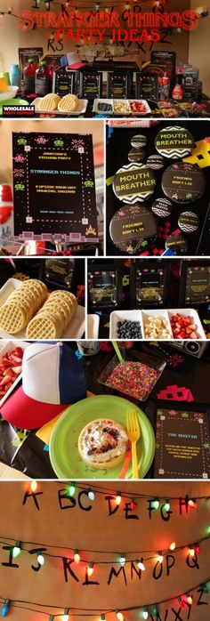 an assortment of desserts and snacks on display at a birthday party with lights strung from the ceiling