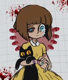 a girl in a yellow dress holding a black cat with blood all over her face