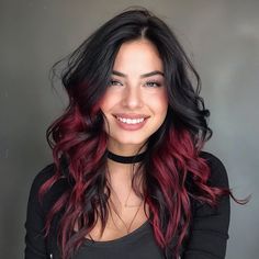 Dark Red To Light Red Ombre, Black Ombre Hair Color, Burgundy Halo Hair, Cherry Red And Black Hair, Red And Black Hair Color Ideas, Black And Auburn Hair, Black Hair With Red Money Piece, Red To Black Hair, Red Blonde And Black Hair